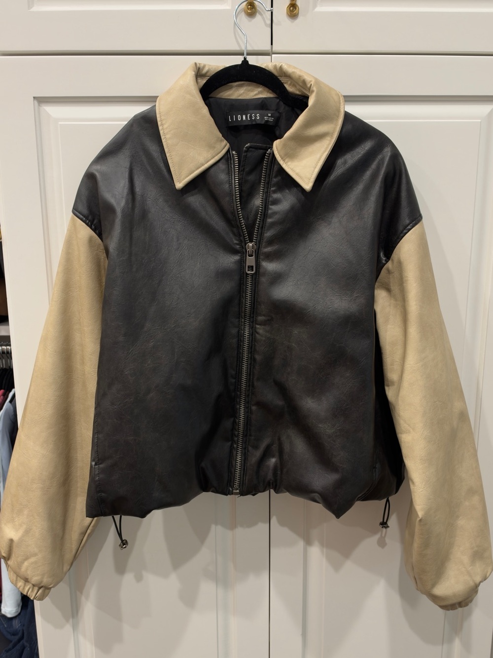 Lioness Two-Tone Black and Tan Faux Leather Bomber Jacket